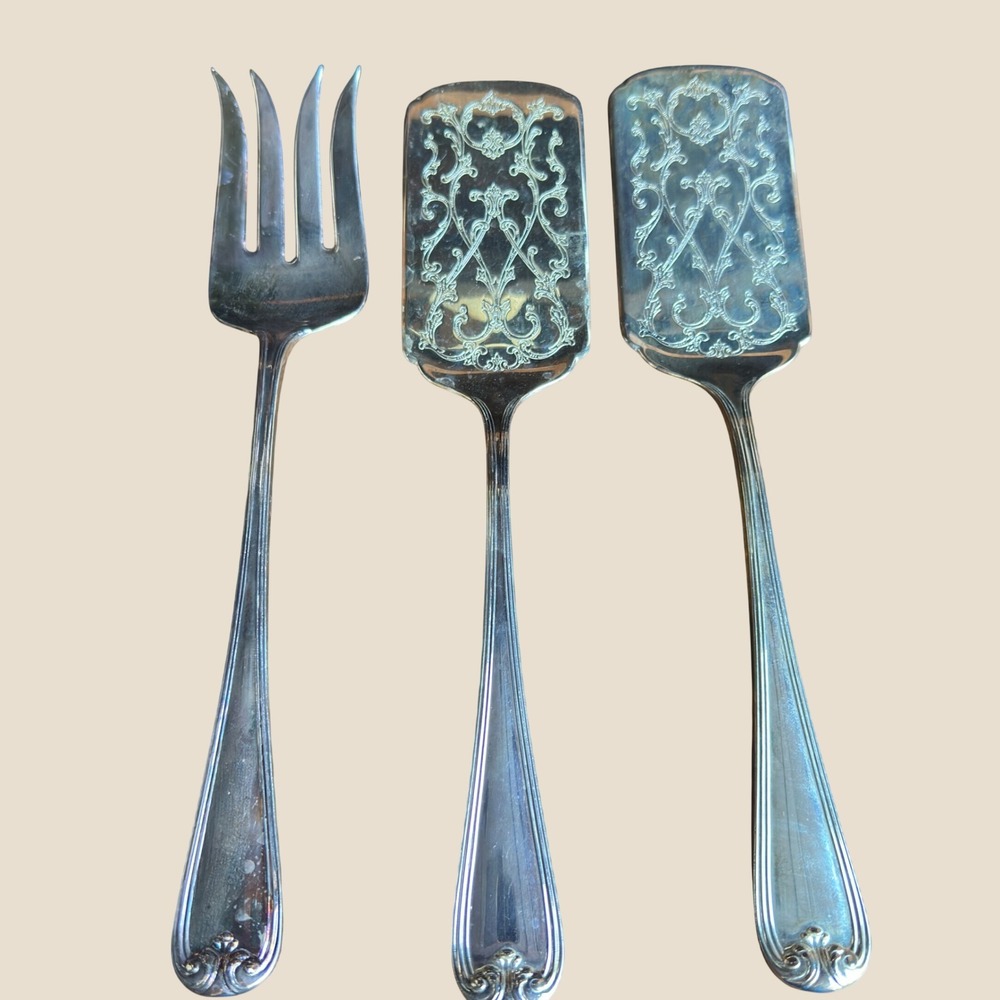 Gorham Heritage Silverplate Serving Set 3pc Etched Pierced Italy Vintage Silver